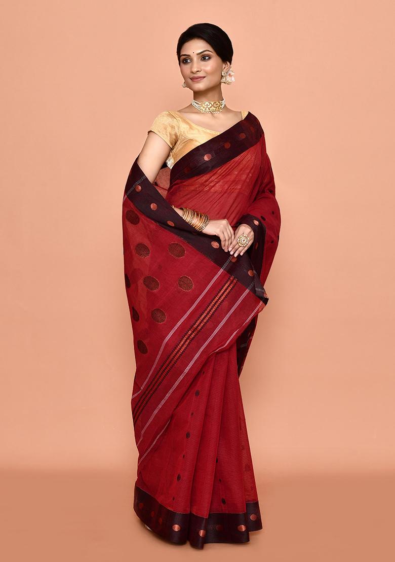 Maroon Zari Work Cotton Saree (Without Blouse)