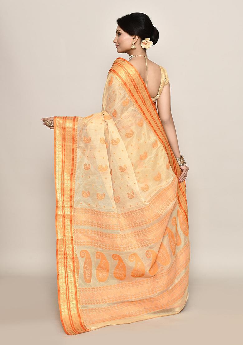 Beige Zari Work Cotton Saree (Without Blouse)