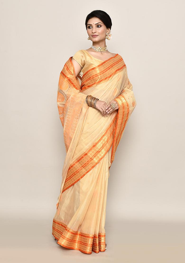 Beige Zari Work Cotton Saree (Without Blouse)