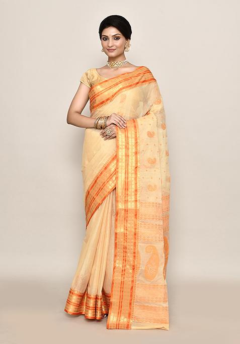 Beige Zari Work Cotton Saree (Without Blouse)