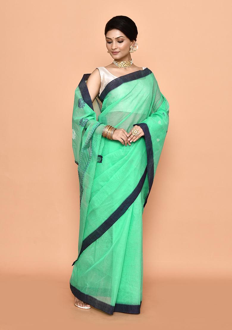 Sea Green Buti Work Cotton Saree (Without Blouse)