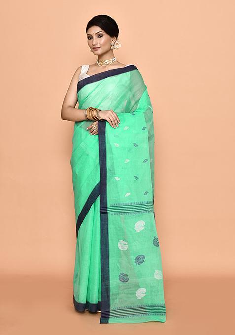 Sea Green Buti Work Cotton Saree (Without Blouse)