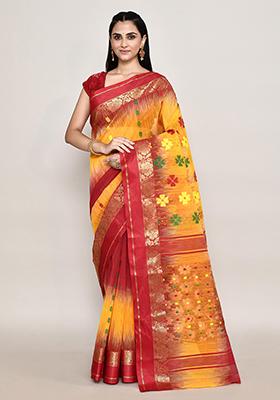 Multicolour Zari Work Cotton Saree (Without Blouse)