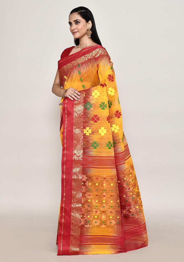 Multicolour Zari Work Cotton Saree (Without Blouse)
