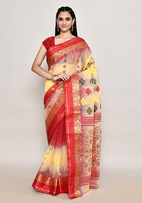 Multicolour Zari Work Cotton Saree (Without Blouse)
