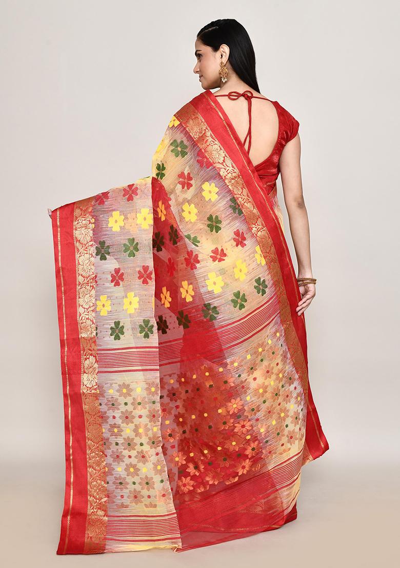 Multicolour Zari Work Cotton Saree (Without Blouse)