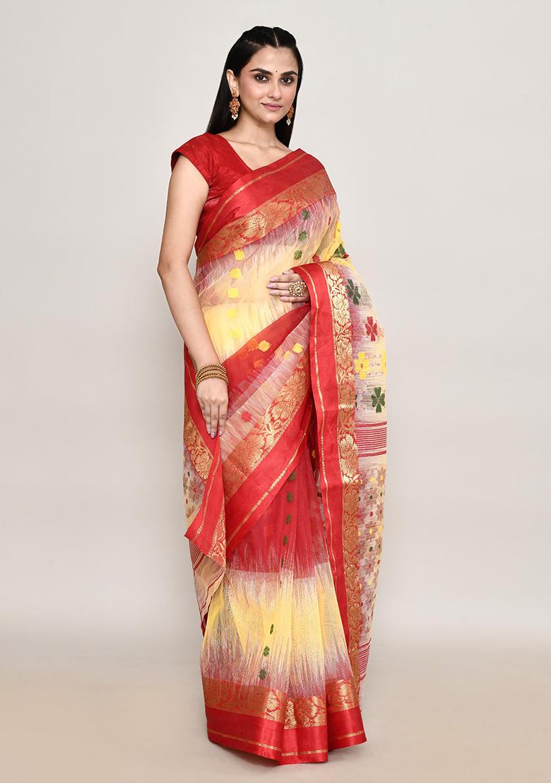 Multicolour Zari Work Cotton Saree (Without Blouse)
