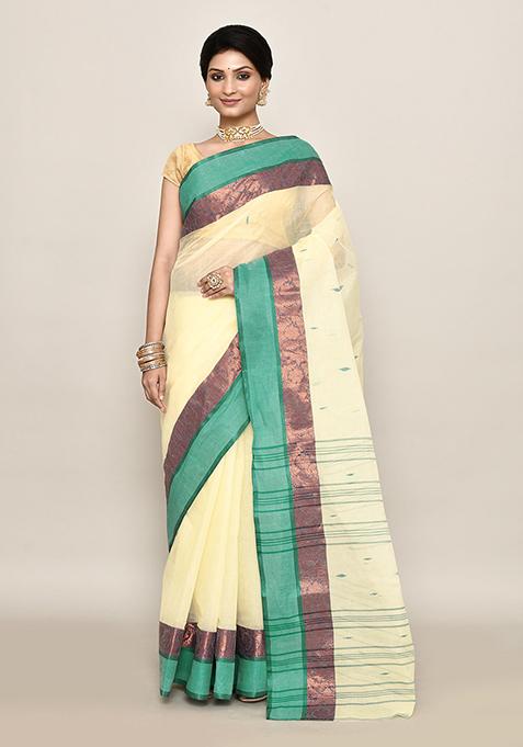 Cream Buti Work Cotton Saree (Without Blouse)