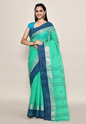 Sea Green Buti Work Cotton Saree (Without Blouse)