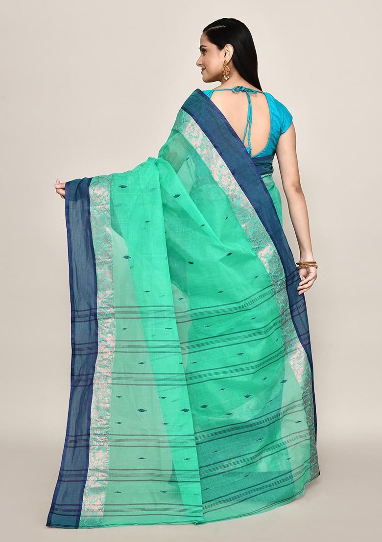 Sea Green Buti Work Cotton Saree (Without Blouse)