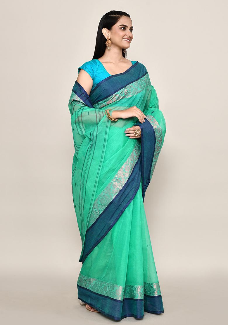 Sea Green Buti Work Cotton Saree (Without Blouse)