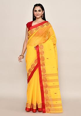 Yellow Buti Work Cotton Saree (Without Blouse)
