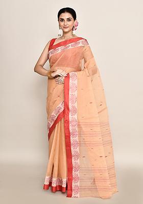 Beige Buti Work Cotton Saree (Without Blouse)