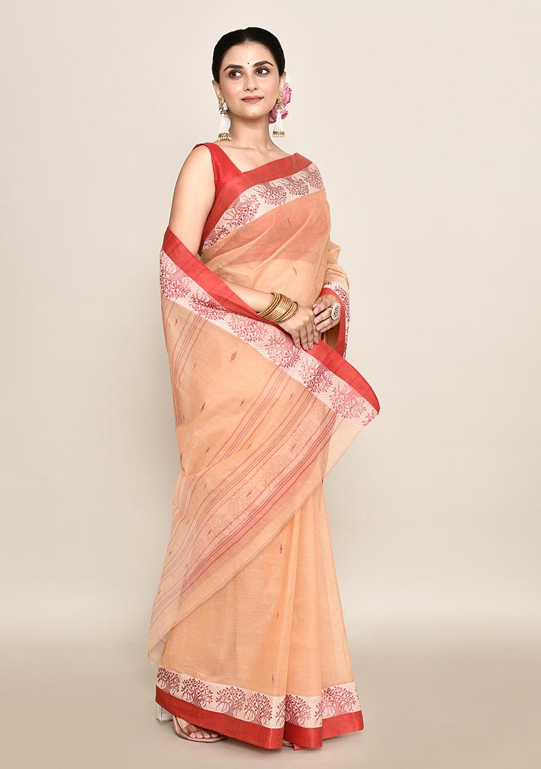Beige Buti Work Cotton Saree (Without Blouse)