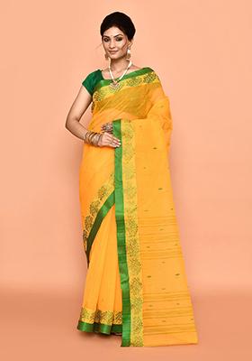 Yellow Buti Work Cotton Saree (Without Blouse)