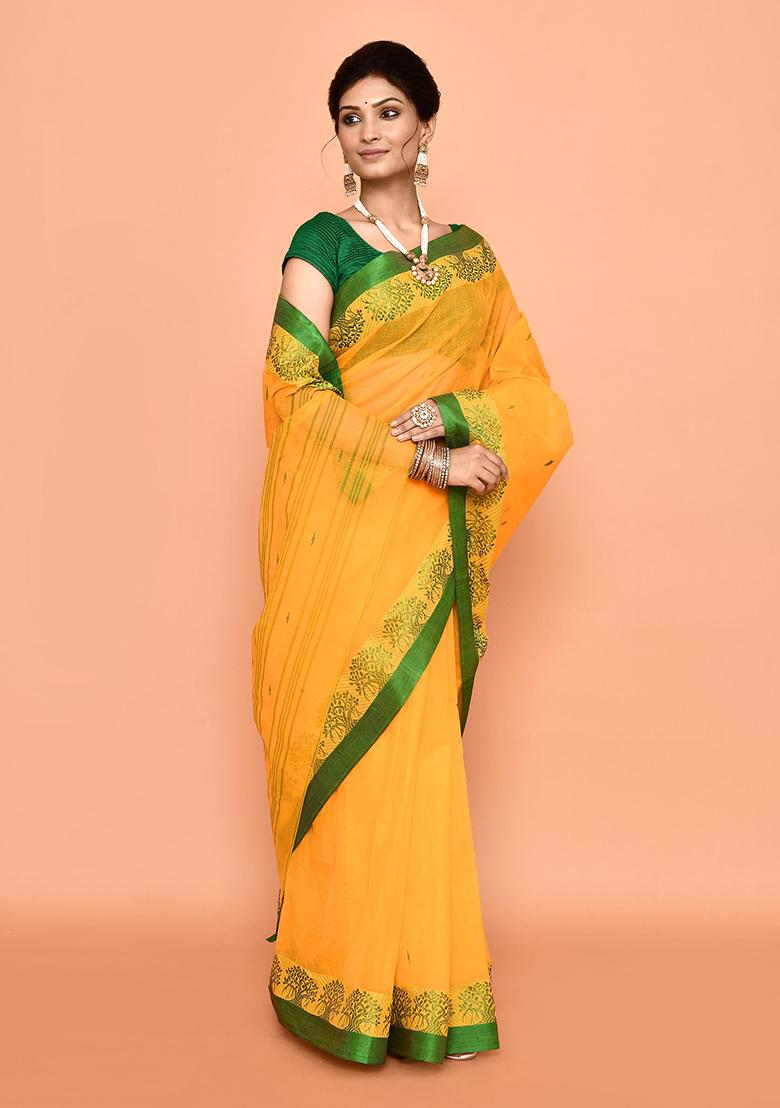Yellow Buti Work Cotton Saree (Without Blouse)