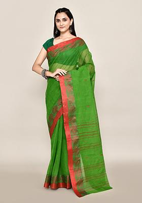 Green Buti Work Cotton Saree (Without Blouse)