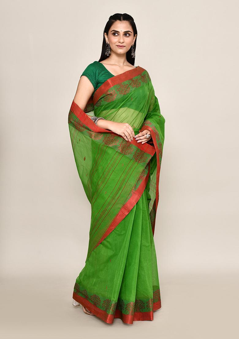 Green Buti Work Cotton Saree (Without Blouse)