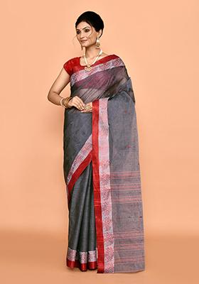 Grey Buti Work Cotton Saree (Without Blouse)