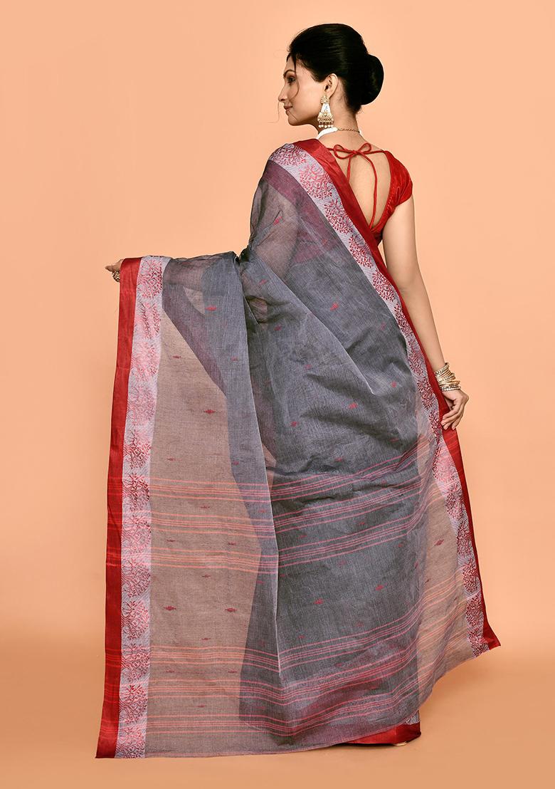 Grey Buti Work Cotton Saree (Without Blouse)
