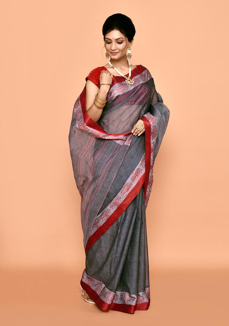 Grey Buti Work Cotton Saree (Without Blouse)