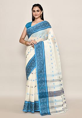 Off White Buti Work Cotton Saree (Without Blouse)