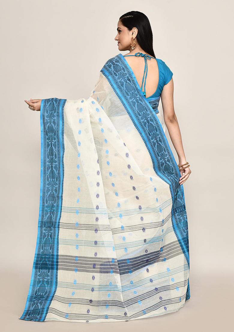 Off White Buti Work Cotton Saree (Without Blouse)