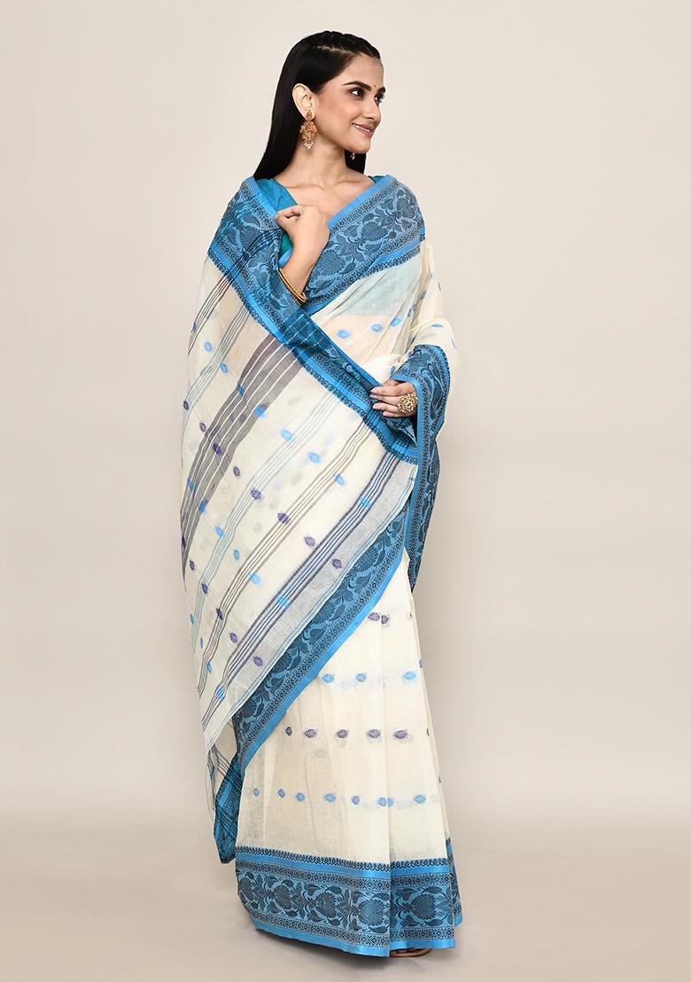 Off White Buti Work Cotton Saree (Without Blouse)