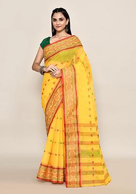 Yellow Buti Work Cotton Saree (Without Blouse)
