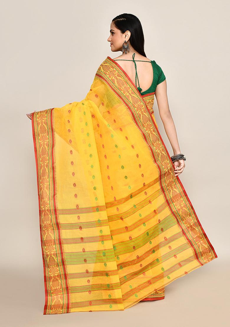 Yellow Buti Work Cotton Saree (Without Blouse)