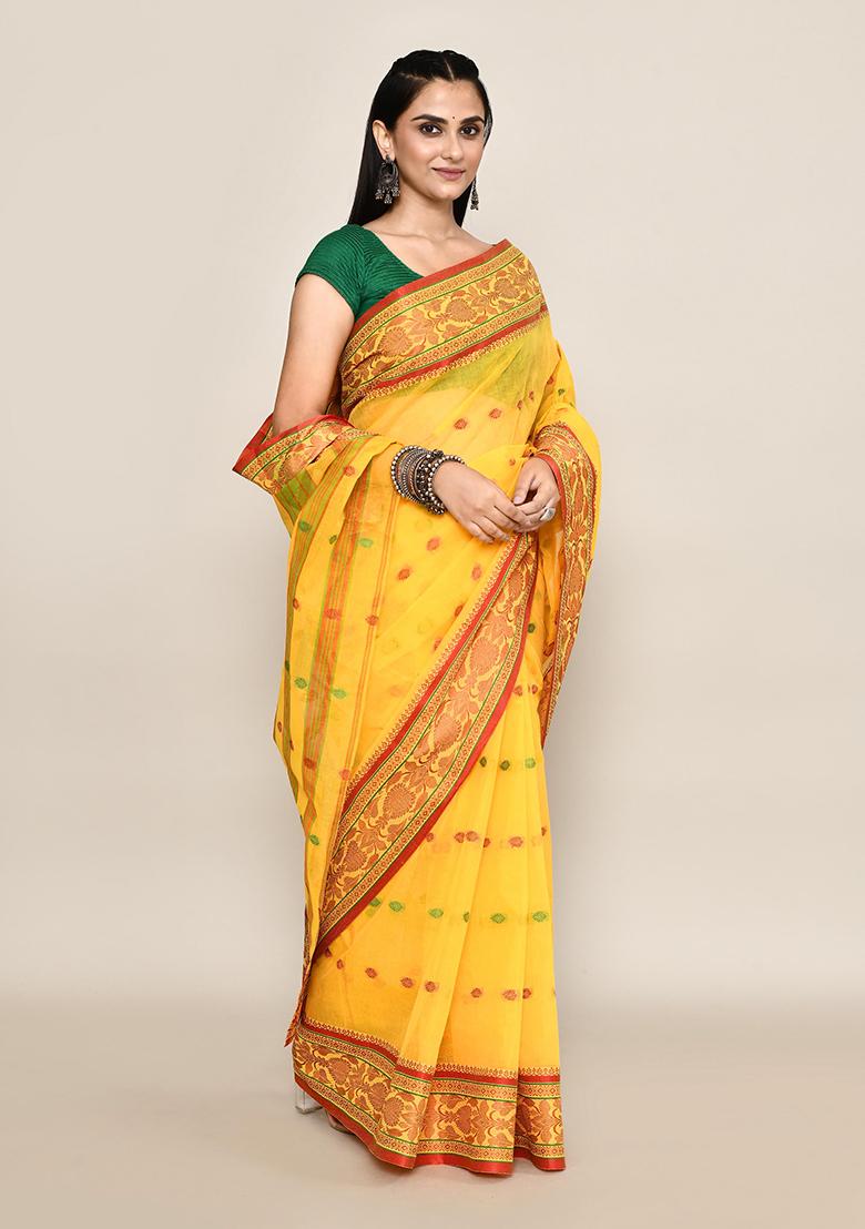 Yellow Buti Work Cotton Saree (Without Blouse)
