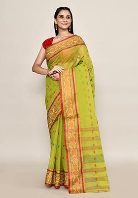 Green Buti Work Cotton Saree (Without Blouse)