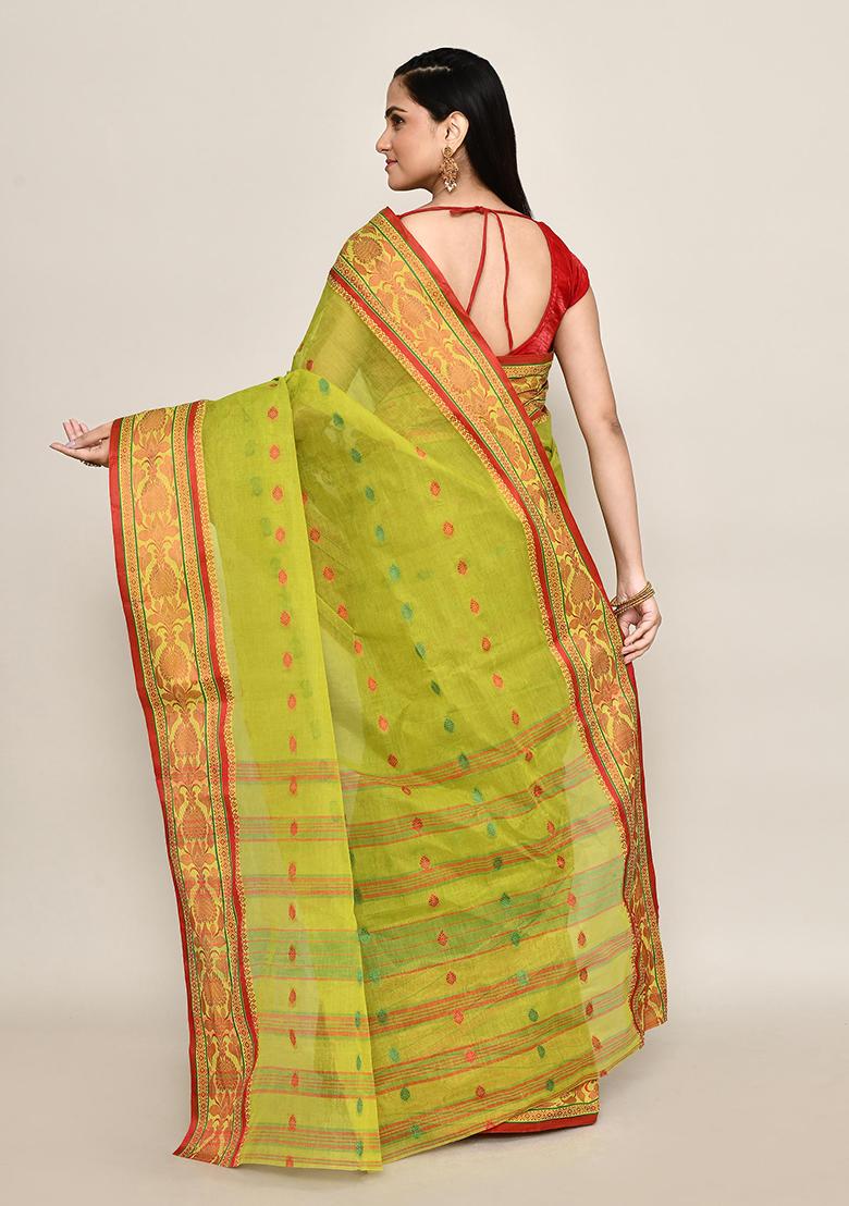 Green Buti Work Cotton Saree (Without Blouse)