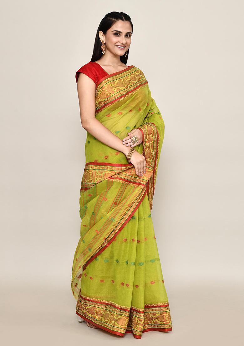 Green Buti Work Cotton Saree (Without Blouse)