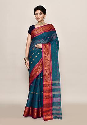 Teal Blue Buti Work Cotton Saree (Without Blouse)