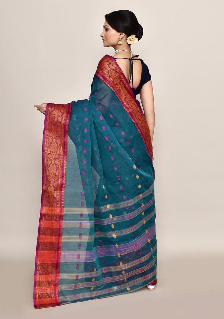 Teal Blue Buti Work Cotton Saree (Without Blouse)