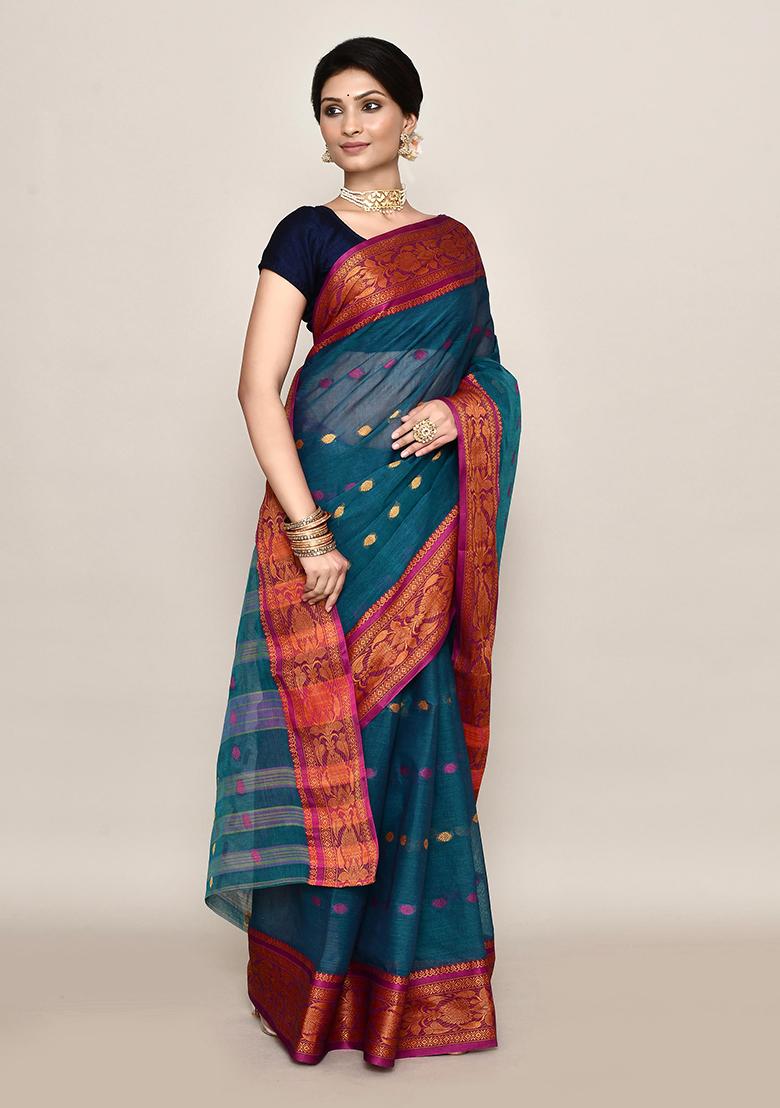 Teal Blue Buti Work Cotton Saree (Without Blouse)