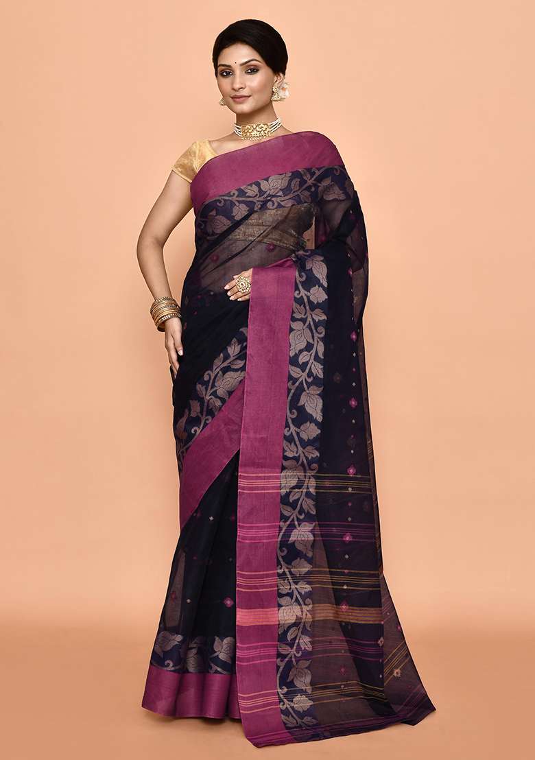 Blue Buti Work Cotton Saree (Without Blouse) - Indya