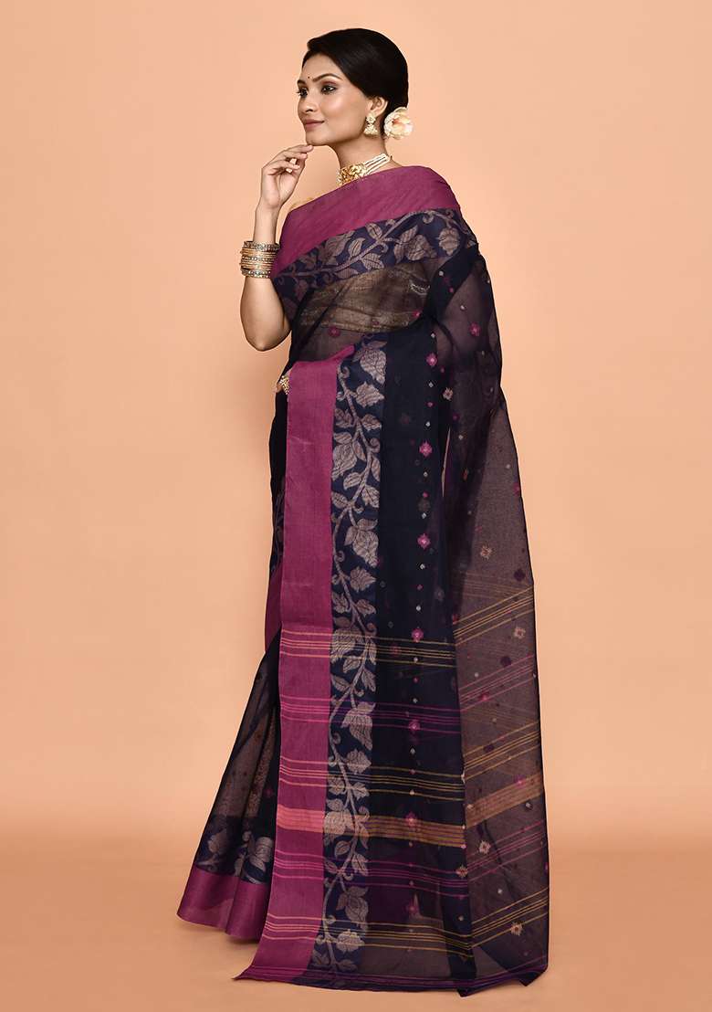 Blue Buti Work Cotton Saree (Without Blouse) - Indya