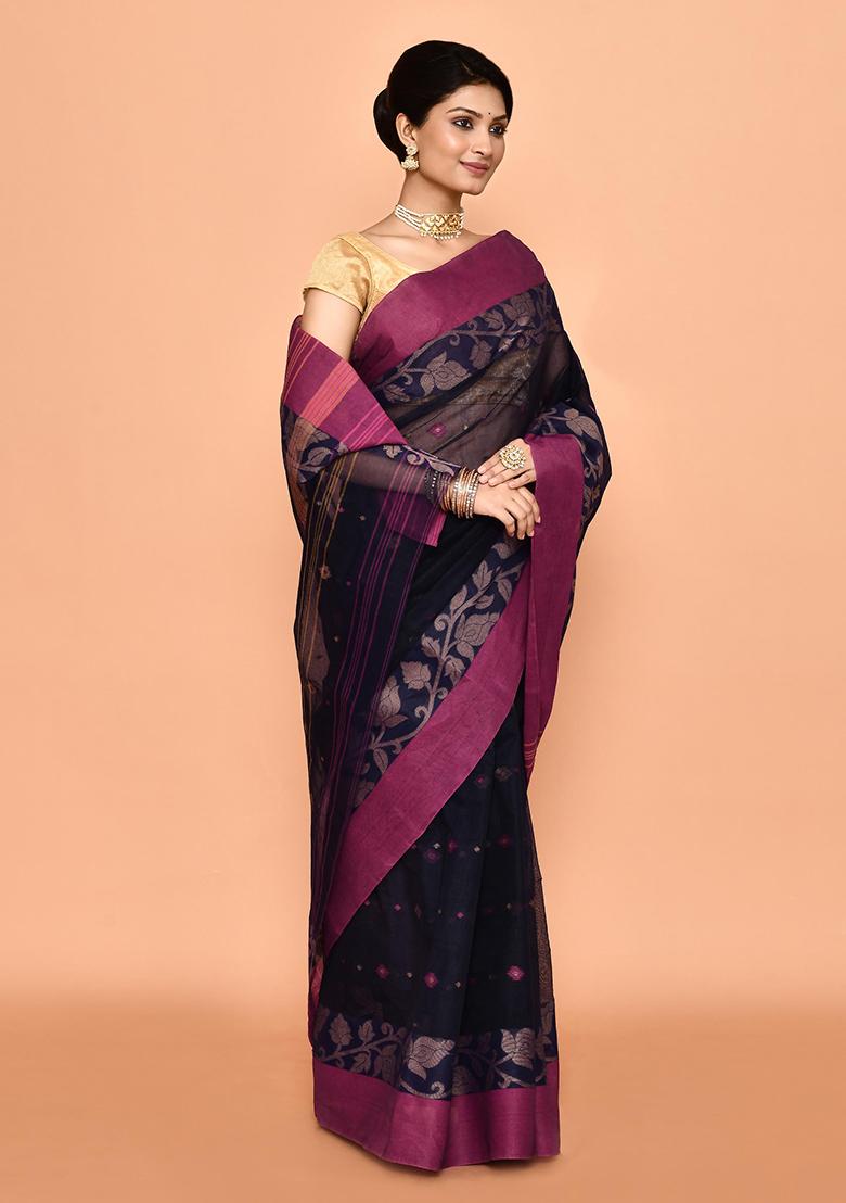 Blue Buti Work Cotton Saree (Without Blouse)