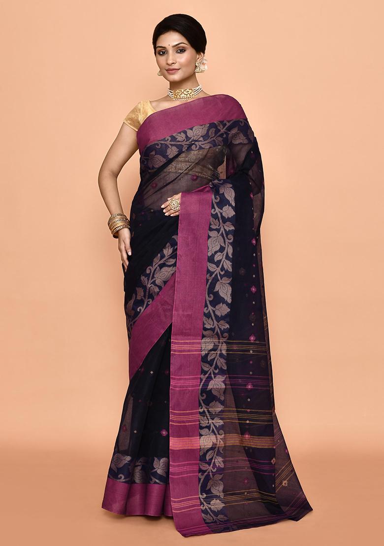 Blue Buti Work Cotton Saree (Without Blouse)