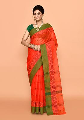 Orange Buti Work Cotton Saree (Without Blouse)