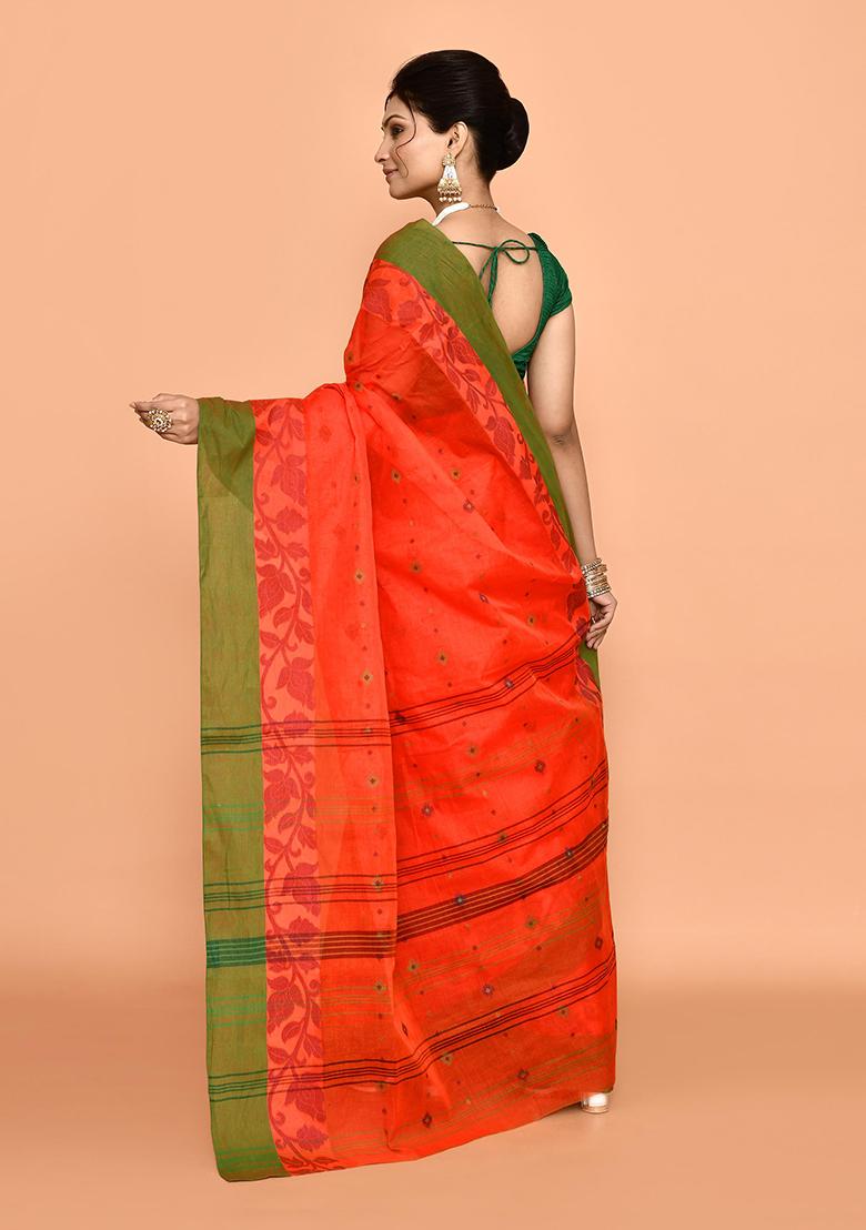 Orange Buti Work Cotton Saree (Without Blouse)