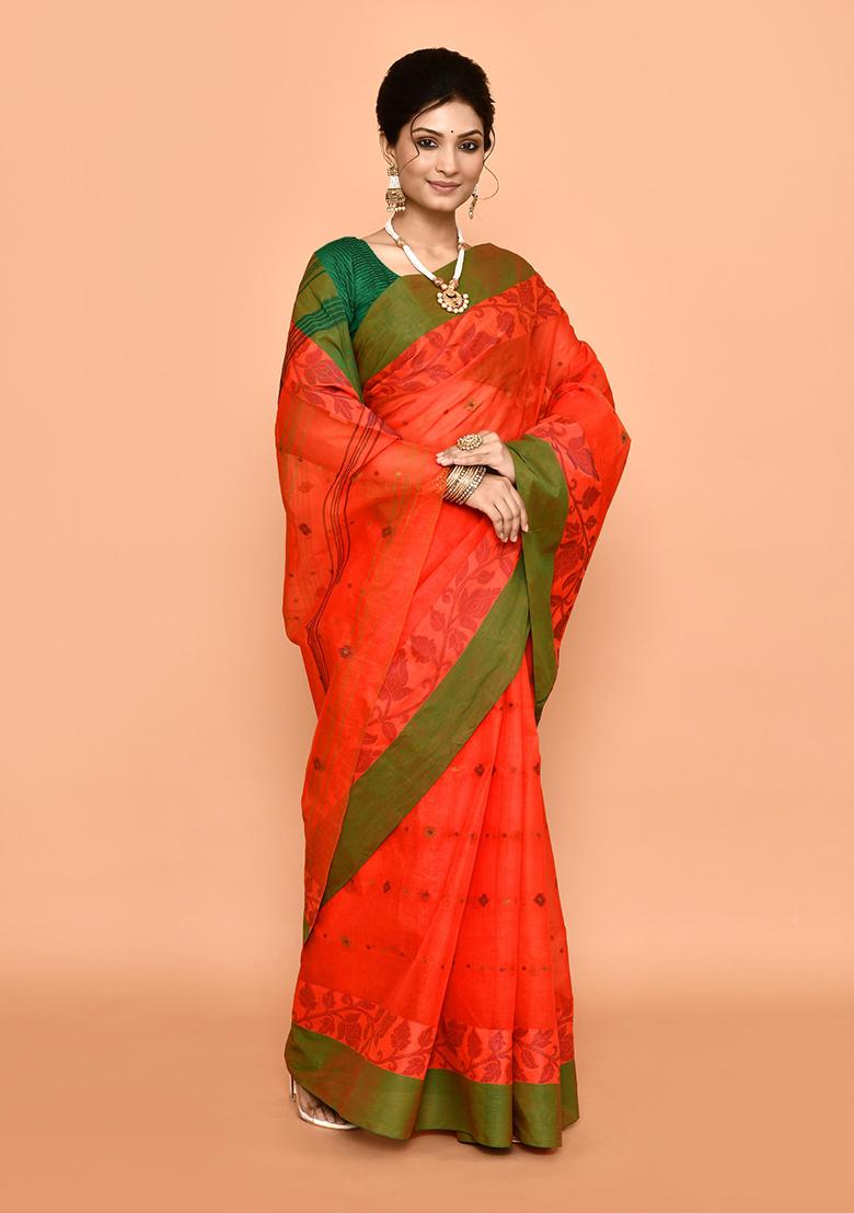Orange Buti Work Cotton Saree (Without Blouse)