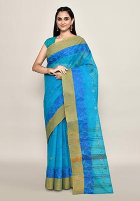 Blue Buti Work Cotton Saree (Without Blouse)