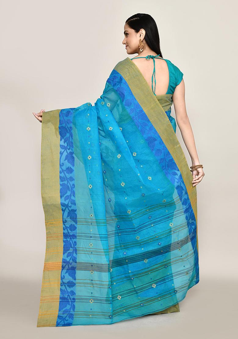 Blue Buti Work Cotton Saree (Without Blouse)