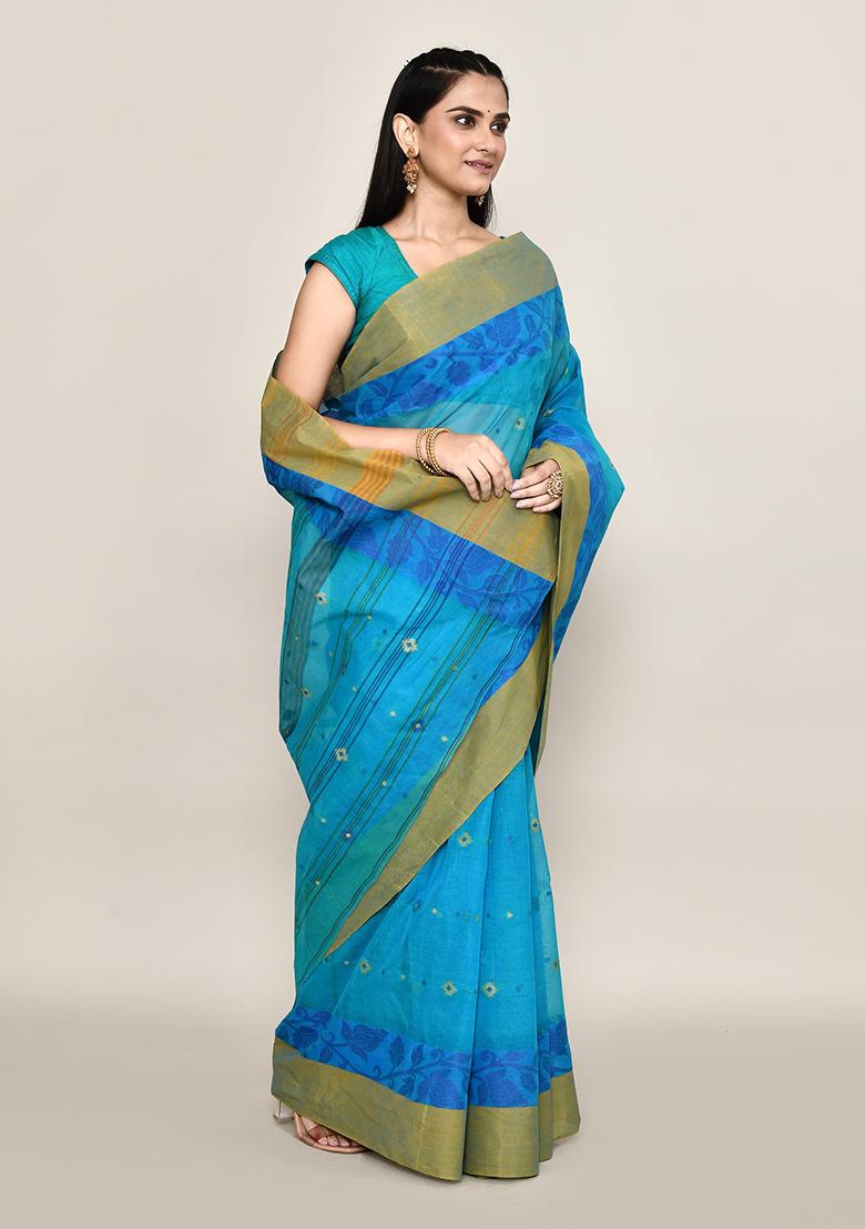 Blue Buti Work Cotton Saree (Without Blouse)