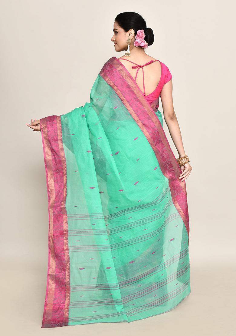 Sea Green Buti Work Cotton Saree (Without Blouse)