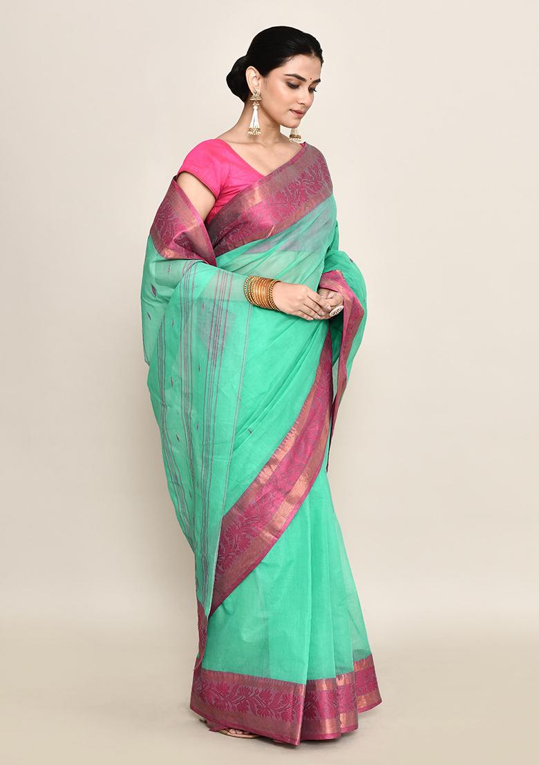 Sea Green Buti Work Cotton Saree (Without Blouse)