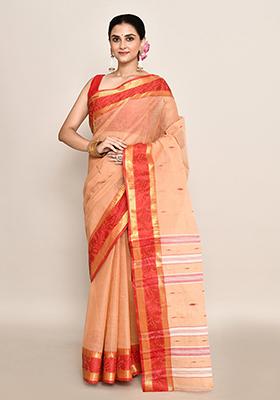 Beige Buti Work Cotton Saree (Without Blouse)